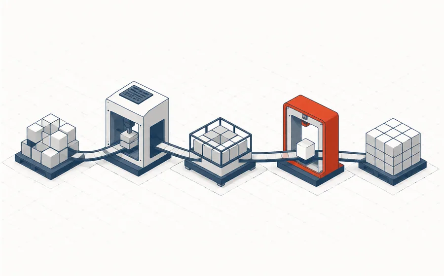 Isometric illustration of material flowing through production stages, with recovered waste returning to stock