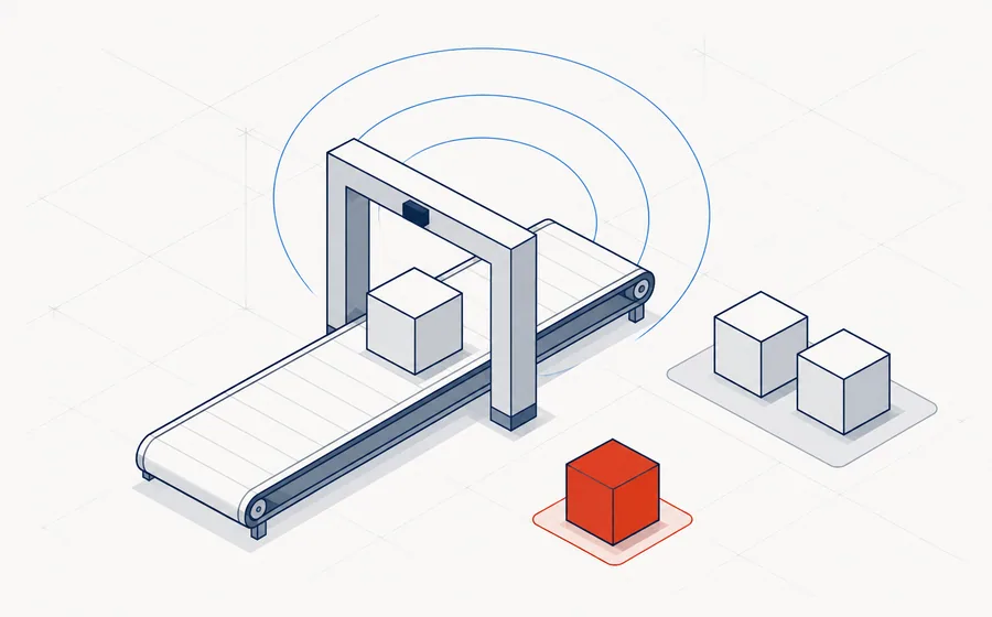 Isometric illustration of an inspection station gating a batch