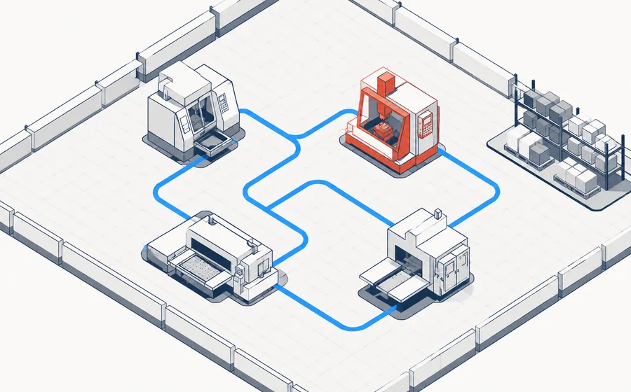 Isometric illustration of a shop floor with machines connected by a routing path