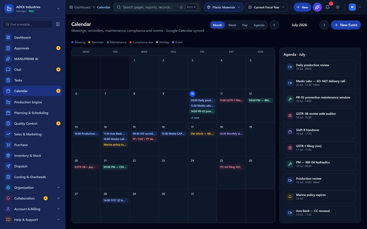 Month view with typed events