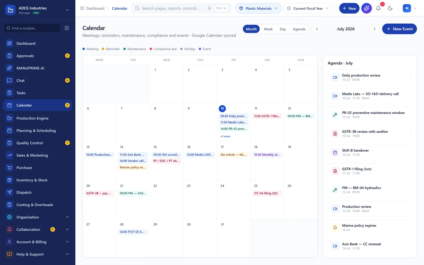 Month view with typed events