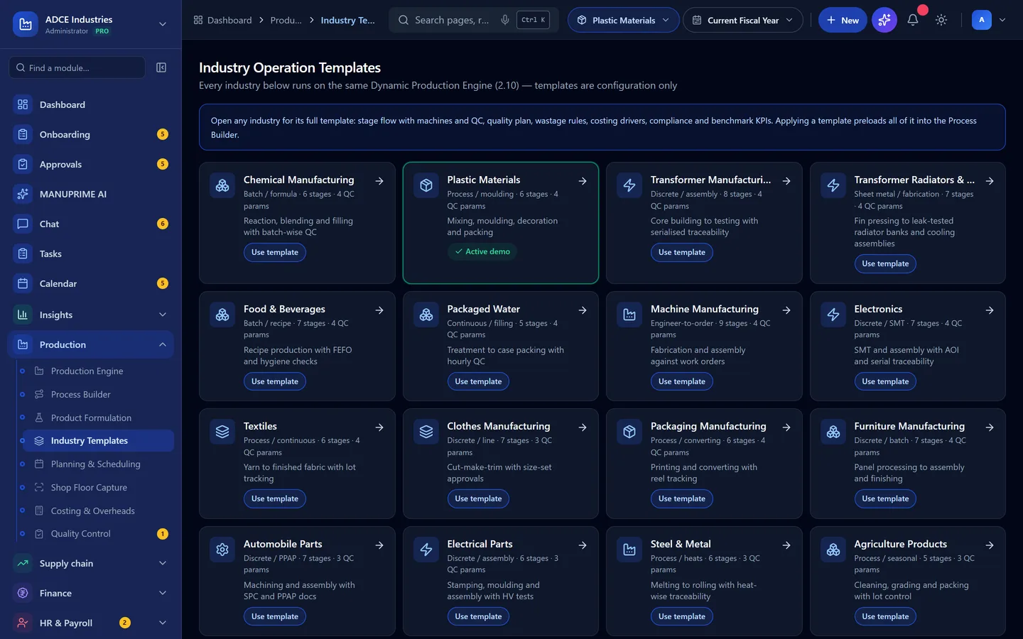 The industry template library inside MANUPRIME