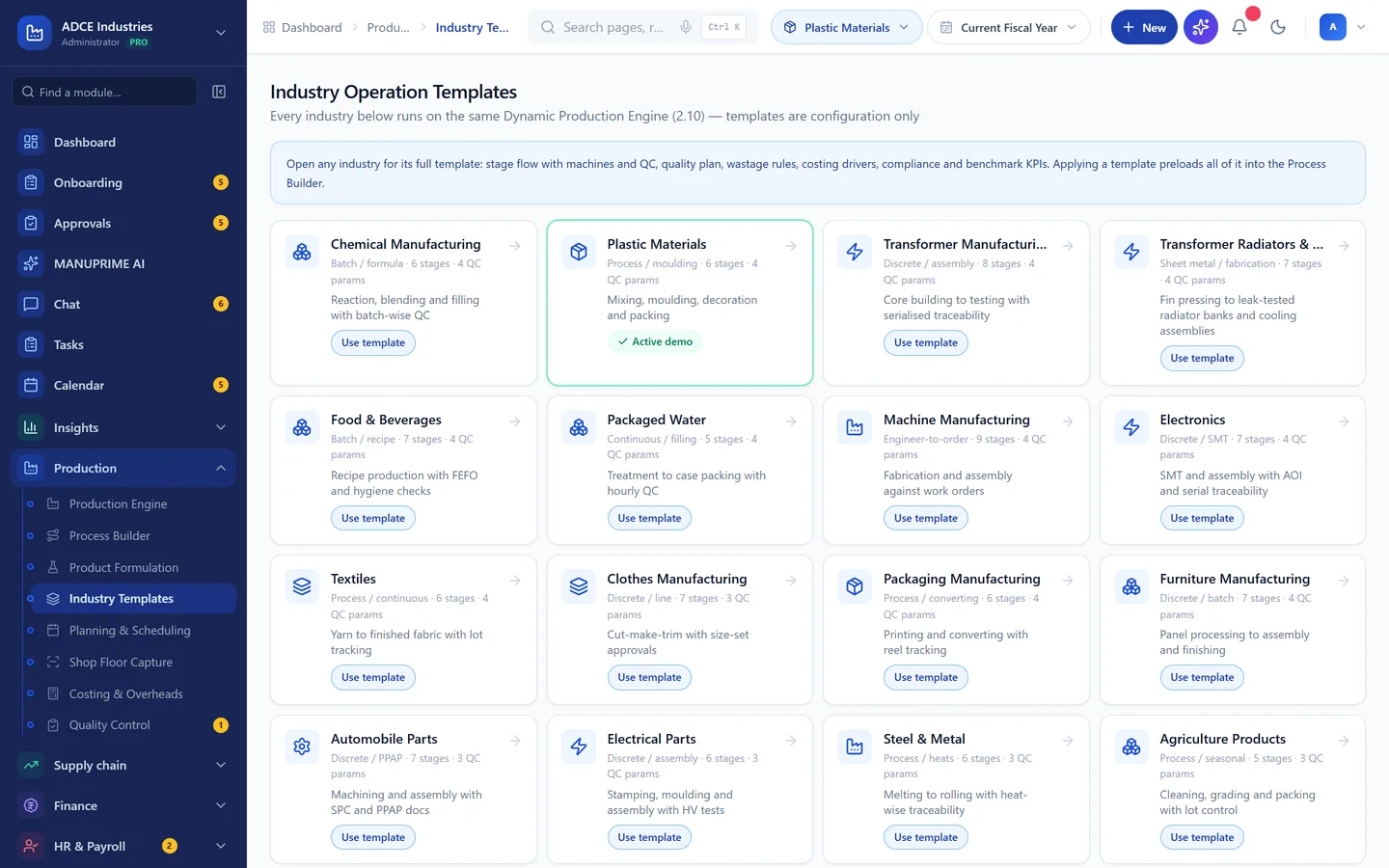 The industry template library inside MANUPRIME