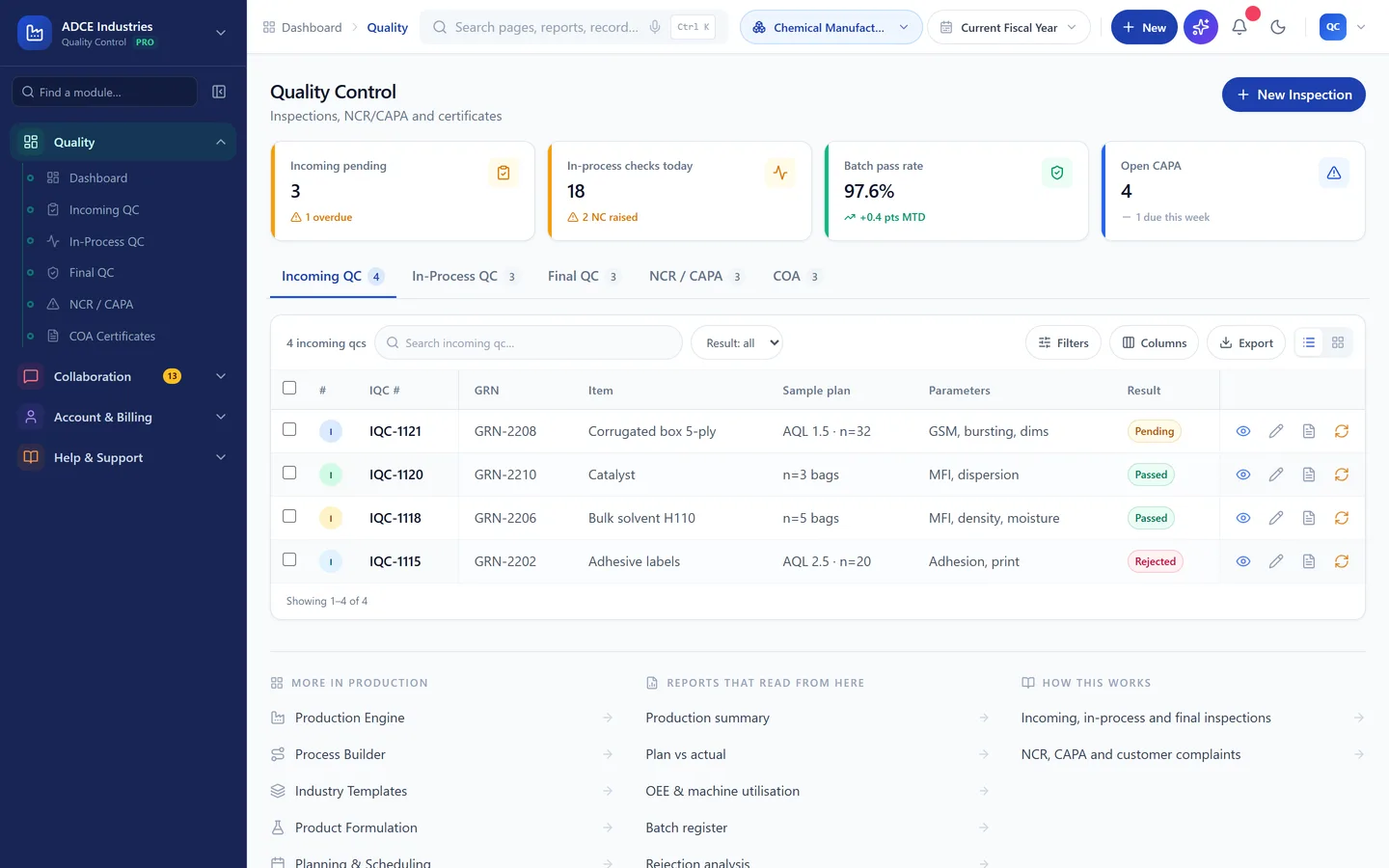 MANUPRIME quality — Inspections that block a dispatch, not a spreadsheet nobody opens.