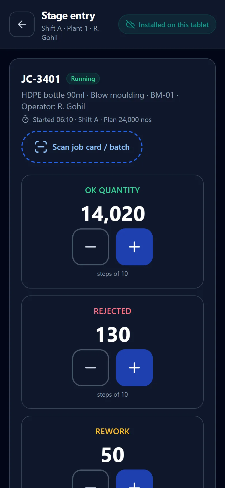 The shop-floor screen on a phone — job card, quantity and reason code