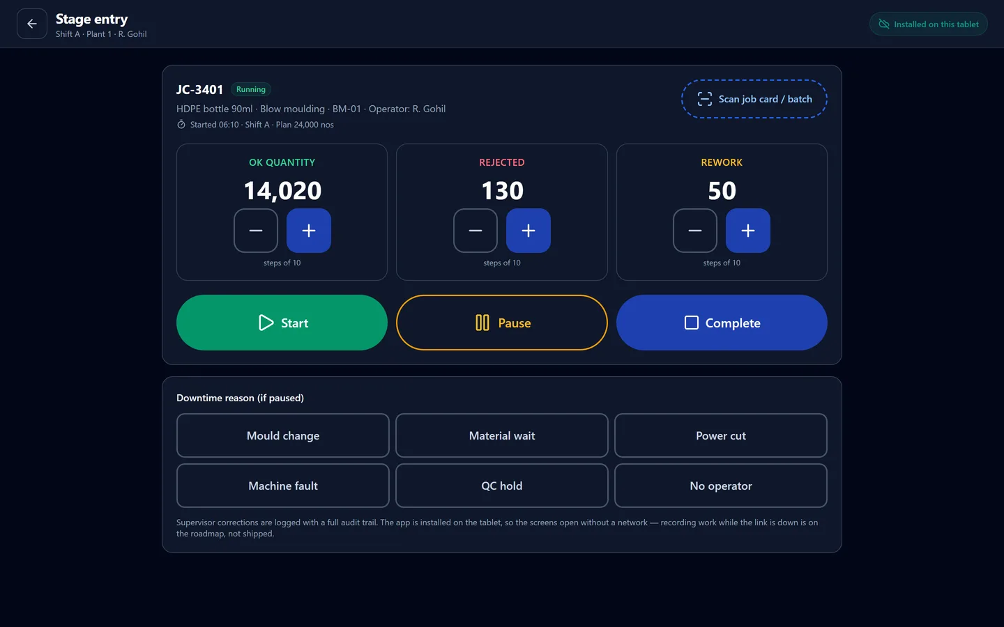 Operator screen — counters and controls