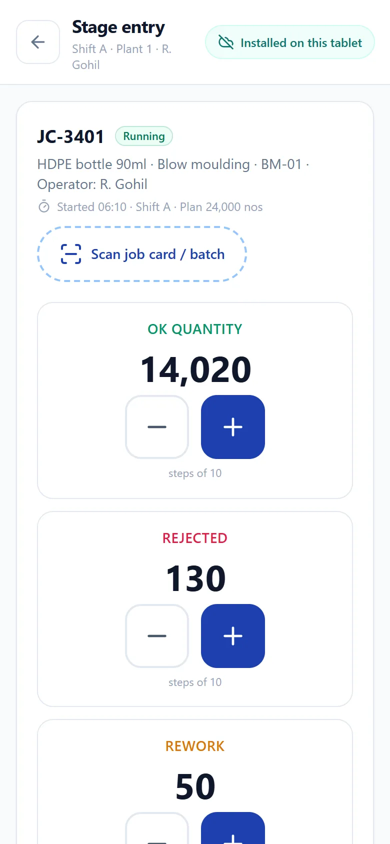 The shop-floor screen on a phone — job card, quantity and reason code